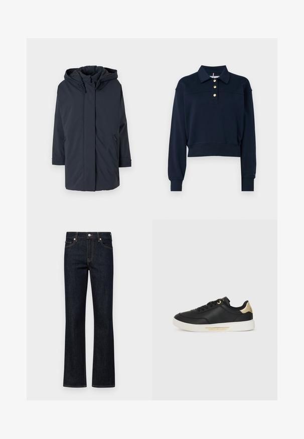 Tumesinine, polsterdatud parkajakk kapuutsiga, pikkade varrukatega, esisee tõmblukuga ja küljetaskutega. Sile kangas, ilma nähtavate mustrite või aktsendita.; Tumesinine lühikeste varrukatega sviiter kraega, kuldse nööbistusega ja pikkade varrukatega. Omab soonikuid kraeotsas ja allääres, valmistatud pehmest puuvillamaterjalist.; Tumedad sinised lehvikesed teksad, valmistatud denimist, millel on keskmine vöökoht, viie tasku stiil ja vastandlik oranž õmblus mööda õmblusi.; Must have nahkapäkk, millel on sile tekstuur, valge kummitald, kuldsed aktsendid kanna ja silmade ümber, külgedel logo.