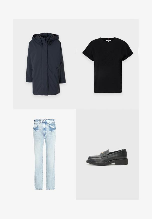 Tummansininen, vanutettu parka-takki, jossa on huppu, pitkät hihat, etuvetoketju ja sivutaskut. Tasainen kangas, jossa ei ole näkyviä kuvioita tai yksityiskohtia.; Mustapaita, jossa on lyhyet käärityt hihat, keskellä kohokuvioitu logo ja sivussa pieni lipputunnus.; Vaaleansinisiä farkkuhousuja, joissa on suora lahjetyyli, viisi taskua ja haalistunut pinta. Ominaisuuksiin kuuluvat näkyvät ompeleet ja klassinen nappisulku.; Mustat nahkaiset loafertossut, joissa on kudottu yksityiskohta varpaassa, kultainen logotaito ja paksu musta kumipohja. Sileä pinta, jossa on hieman kiiltoa.