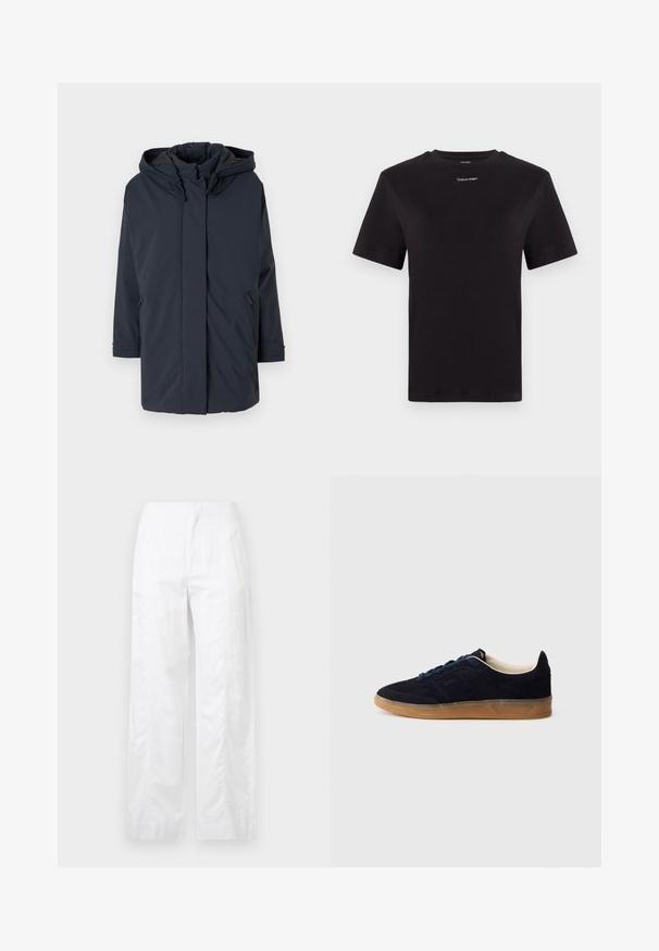 Mornarsko plava, podstavljena parka jakna s kapuljačom, dugim rukavima, prednjim zatvaračem i bočnim džepovima. Glatka tkanina bez vidljivih uzoraka ili akcenata.; Crna pamučna majica s kratkim rukavima, okruglim izrezom i malim bijelim logom "Calvin Klein" na prsima. Glatka tekstura, klasičan kroj.; Bijele široke hlače od laganog materijala, s glatkom teksturom, čistim linijama i visokim strukom.; Tamnoplava brušena tenisica s gumenim potplatom boje gume, plavim vezicama i minimalističkim dizajnom. Ima ulegnuti logo sa strane i glatku unutarnju oblogu.