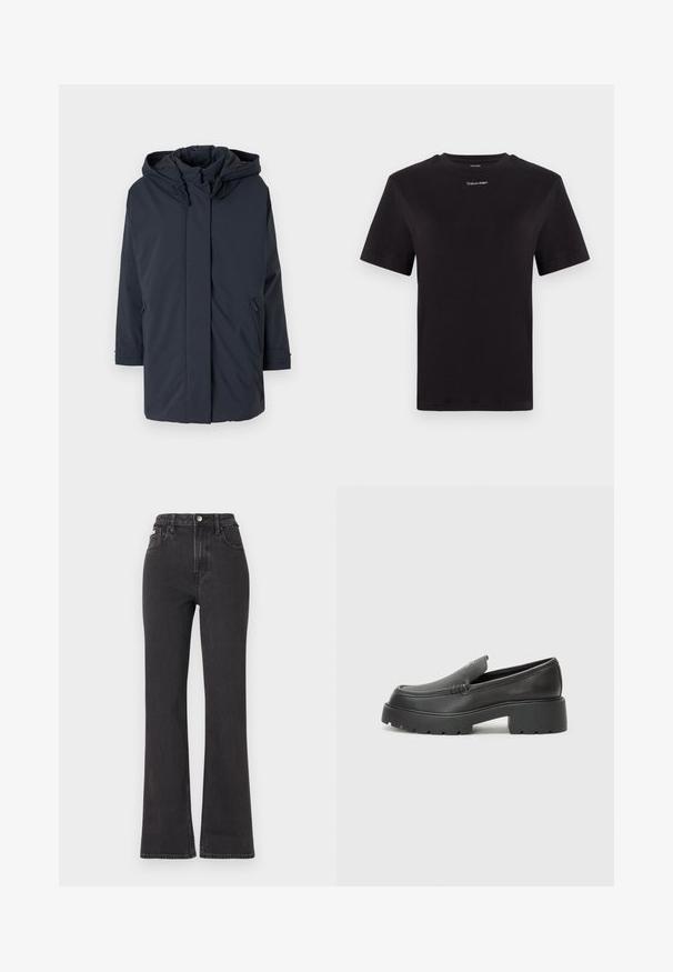 Parka bleu marine rembourrée avec capuche, manches longues, fermeture éclair à l'avant et poches latérales. Tissu lisse sans motifs ni accents visibles.; T-shirt noir en coton à manches courtes, col rond, avec un petit logo blanc "Calvin Klein" sur la poitrine. Texture lisse, coupe classique.; Jean noir taille haute évasé en denim, avec fermeture à bouton, passants de ceinture et poches latérales. Texture lisse avec un minimum de décoloration.; Mocassins en cuir noir avec un bout arrondi, une semelle épaisse et texturée, et des détails de couture minimalistes. Design épuré sans lacets ni métal visibles.