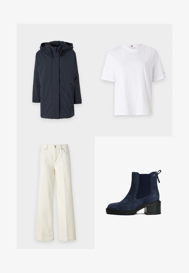 Marineblaue, gepolsterte Parkajacke mit Kapuze, langen Ärmeln, Reißverschluss vorne und seitlichen Taschen. Glattes Material ohne sichtbare Muster oder Akzente.; Weißes Baumwoll-T-Shirt mit Rundhalsausschnitt, kurzen Ärmeln und dezentem gelben Logodesign mit der Aufschrift "HILFIGER NEW YORK 1985." Standardpassform.; Weite weiße Jeans aus einem Baumwollmischgewebe. Verfügt über einen Reißverschluss, ein Fünf-Taschen-Design und Nähte entlang der Säume.; Marinefarbene Knöchelstiefel aus Wildleder mit elastischen Seitenpaneelen, einer strukturierten Ferse, Gummisohle und Zuglasche, ausgestattet mit einem dezenten Logoakzent.