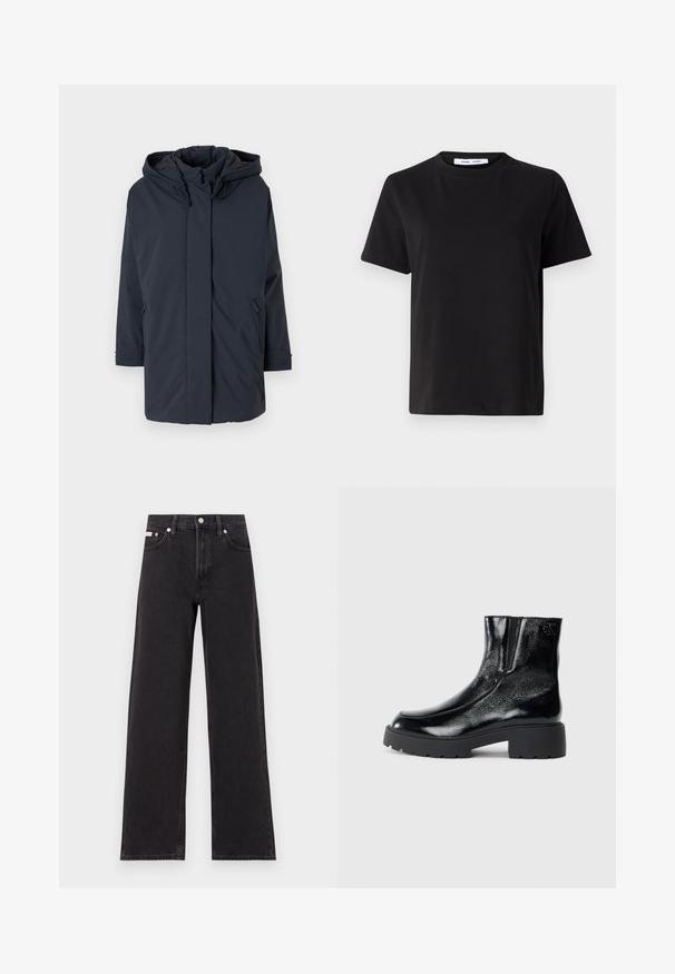 Navy blue, padded parka jacket with a hood, long sleeves, front zip, and side pockets. Smooth fabric with no visible patterns or accents.; Black short-sleeve t-shirt made of soft cotton, featuring a round neckline, relaxed fit, and a smooth texture. No visible patterns or graphics.; Black wide-leg jeans made of denim, featuring a high-rise waist, five-pocket styling, and a metal button closure with contrasting stitching.; Black ankle boots with a glossy patent leather finish, chunky black rubber sole, and raised heel; includes subtle logo detail on the side.