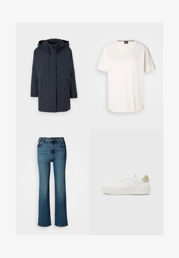 Tengerészkék, párnázott parkajac, kapucnival, hosszú ujjakkal, elől cipzárral és oldalsó zsebekkel. Sima anyag, látható minták vagy díszítések nélkül.; Fehér pamut póló rövid ujjakkal, kerek nyakkivágással és egy kis logóval a mellkason. Simaszerű textúra és egyenes szegély.; Magas derekú kék farmernadrág, egyenes szárú dizájnnal, enyhe kopással és normál gombos-zipzáros záródással.; Fehér sneaker sima bőr felsőrésszel, világosszürke velúr sarkú kiegészítéssel és masszív fehér gumitalppal. Fűzős kialakítású.