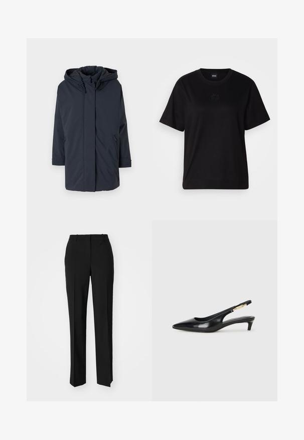 Parka blu navy, imbottita, con cappuccio, maniche lunghe, chiusura frontale con zip e tasche laterali. Tessuto liscio senza motivi o accenti visibili.; Maglietta in cotone nera con scollatura tonda, maniche corte e logo ricamato sul petto. Design semplice e vestibilità rilassata senza motivi.; Pantaloni neri su misura con un design a gamba dritta, caratterizzati da una texture liscia e pieghe ben definite sul davanti. Senza hardware visibile.; Tacchi slingback in pelle nera con punta affusolata, caratterizzati da un tacco alto e un accento dorato sulla cinghia regolabile. Texture liscia.