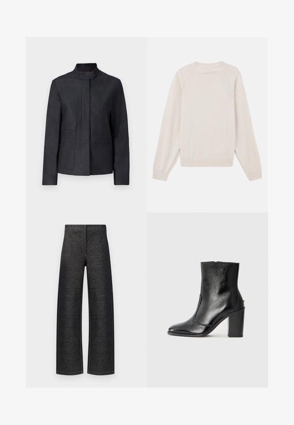 Tumehall velcrokate, millel on seisva krae, kaks esikot ja puhas disain. Valmistatud tekstureeritud kangast, pakkudes minimalistlikku välimust.; Hele koorvalge kampsun, mis on valmistatud pehmest kudumiskangast. Omab ümarat kaelust, pikki varrukaid ning soonikuga mansette ja äärt, koos raglaansleeve kujundusega.; Laiad püksid mustast denimist. Omavad tekstuurset viimistlust, puhtast vööst ja ilma nähtava riistvarata või taskuteta.; Must kõvale nahast pahklipsu saapad, millel on sile tekstuur, terav varvas ja paks kõrge kann. Omab külgavatust ja minimalistlikku disaini.