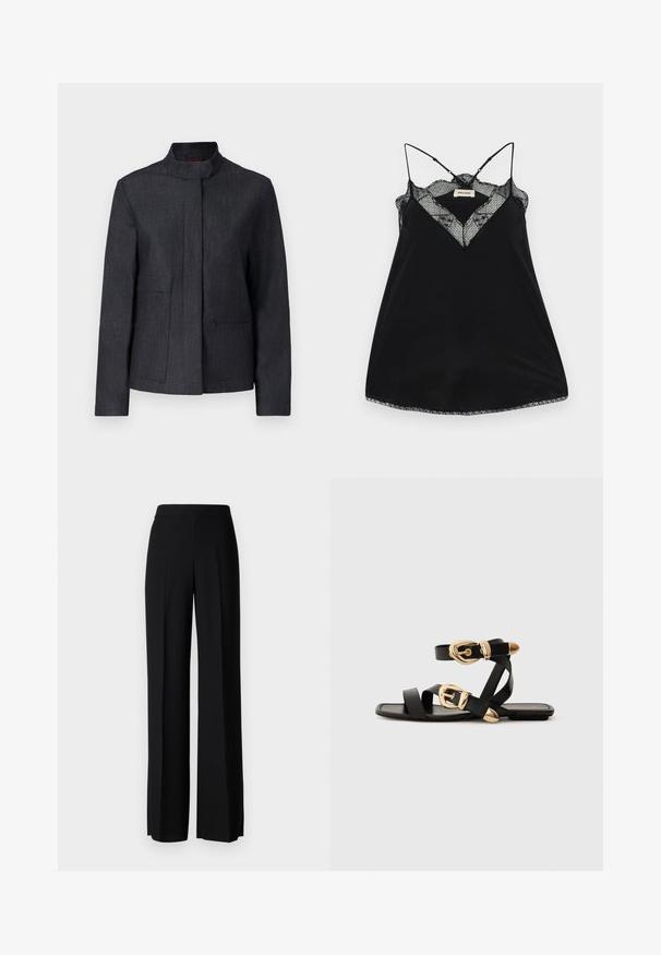 Tumehall velcrokate, millel on seisva krae, kaks esikot ja puhas disain. Valmistatud tekstureeritud kangast, pakkudes minimalistlikku välimust.; Musta kampsun, millel on reguleeritavad rihmad, pitsist madal kaelus ja lainelised ääred. Sile kangas, millel on kerge sära.; Mustad laiad püksid mustas värvitoonis, sujuva tekstuuri ja kõrge vöökoha ning keskmiste voldikutega. Ilma nähtavate mustrite või tarvikute detailideta.; Mustad nahast sandaalid kuldsete pandlitega, millel on mitmed rihmad ja lame talladisain avatud varba jaoks.