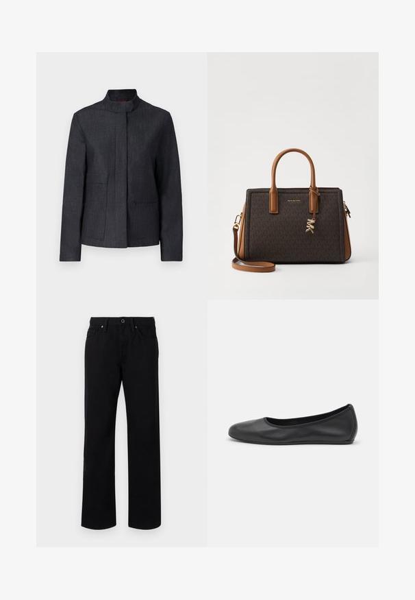 Dark gray jacket with a stand-up collar, two front pockets, and a clean design. Made from textured fabric, offering a minimalist look.; White blouse with a scoop neckline, pleated front, and three-quarter puff sleeves. Made of lightweight fabric with a soft texture.; Black straight-leg jeans made of cotton, featuring a front button closure, belt loops, and five pockets. Smooth texture with no patterns.; Black leather ballet flat with a rounded toe, smooth texture, minimal stitching detail, and a flexible sole design.; Brown leather handbag featuring a monogram pattern, dual top handles, detachable shoulder strap, gold-toned hardware, and logo charm.