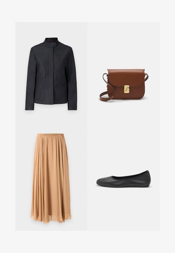 Dark gray jacket with a stand-up collar, two front pockets, and a clean design. Made from textured fabric, offering a minimalist look.; White short-sleeve t-shirt made of ribbed fabric. Round neckline, regular fit, and subtle stitching details. No patterns or graphics.; Maxi skirt in light beige, made of flowy fabric. Features a gathered elastic waistband and soft pleats for movement.; Black leather ballet flat with a rounded toe, smooth texture, minimal stitching detail, and a flexible sole design.; Brown leather handbag with a flap closure, gold-tone hardware, a shoulder strap, and a smooth texture. Compact rectangular shape.