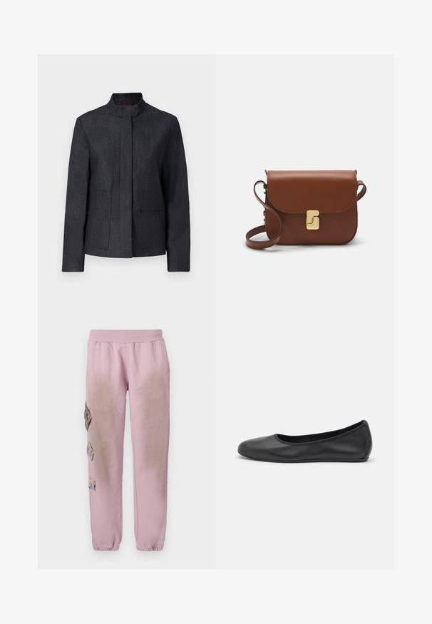 Casaco cinza-escuro com colarinho subida, dois bolsos frontais e um design limpo. Feito de um tecido texturizado, oferecendo um visual minimalista.; T-shirt de manga curta branca feita de tecido canelado. Decote redondo, ajuste regular e detalhes de costura subtis. Sem padrões ou gráficos.; Calças de fato de treino cor-de-rosa com um cós elástico, apresentando patches decorativos em forma de diamante no lado esquerdo e punhos elásticos nos tornozelos.; Bailarina preta em pele com bico arredondado, textura suave, detalhe de costura minimalista e design de sola flexível.; Bolsa de couro castanho com fecho de aba, decoração em tom dourado, alça de ombro e textura suave. Formato retangular compacto.