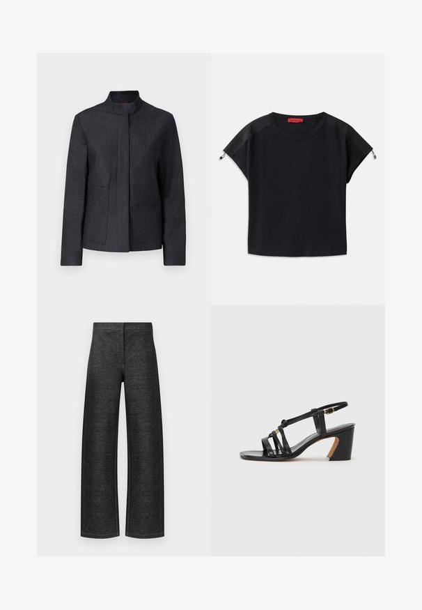 Jachetă gri închis cu guler în picioare, două buzunare frontale și un design curat. Fabricată dintr-un material texturat, oferind un aspect minimalist.; Tricou scurt negru cu guler rotund. Are un material moale, cu panouri din satin pe umeri și detalii cu șnur la mâneci.; Pantaloni largi din denim negru. Prezintă un finisaj texturat, cu un talie curată și fără elemente metalice sau buzunare vizibile.; Paul Smith AMIRA - Pantofi clasici cu toc - black