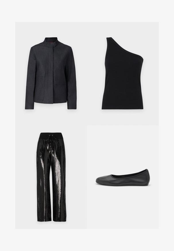 Jachetă gri închis cu guler în picioare, două buzunare frontale și un design curat. Fabricată dintr-un material texturat, oferind un aspect minimalist.; Top tank din material ribbed, negru, cu un umăr, cu un design ajustat și o textură moale. Prezintă o croială curată și minimă, cu o linie de gât fină.; Pantaloni negri cu paiete, cu croi larg și talie elastică, dotată cu un șnur de ajustare. Materialul are o textură reflectorizantă și strălucitoare.; Balerini din piele neagră, cu vârf rotund, textură netedă, detalii de cusătură minimale și un design al tălpii flexibil.