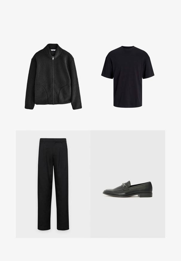 Chaqueta de forro polar negra con cuello alto, cremallera frontal completa y dos bolsillos laterales. Tejido texturizado con una sensación suave y esponjosa.; Camiseta de algodón negra con cuello redondo, mangas cortas y un ajuste relajado. Textura suave y sin patrones ni acentos visibles.; Pantalones negros de tela suave, con un diseño de pierna recta, dos pliegues frontales y una cintura estándar con trabillas para el cinturón.; Mocasín de cuero negro con un acabado suave, que cuenta con un diseño de costura y un acento decorativo de cadena de metal en el empeine. Tacón plano.