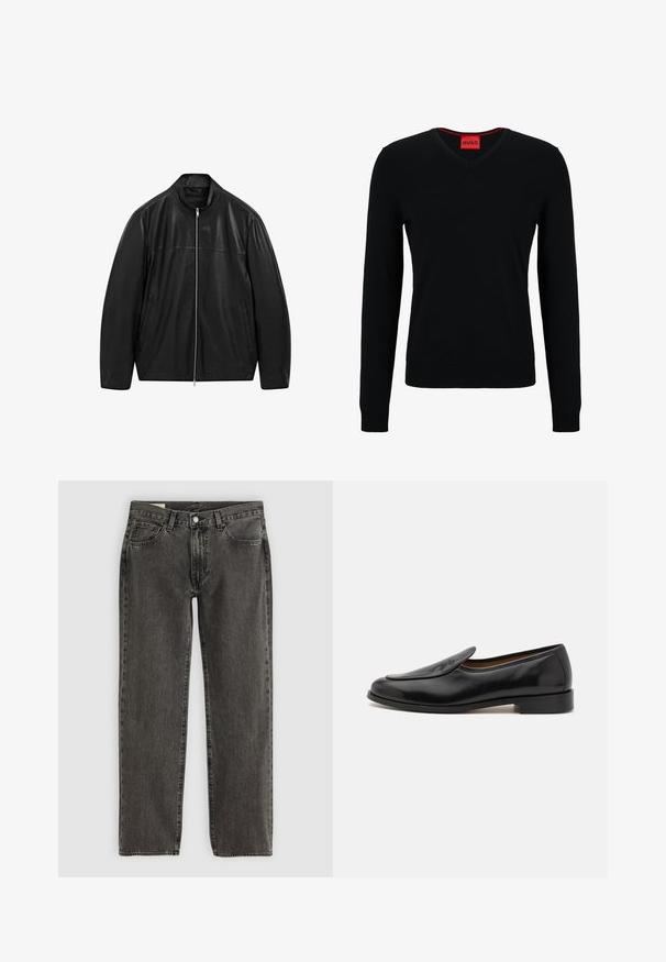 Giacca in pelle nera con zip e colletto alto, progettata con pannelli di pelle liscia e opaca e dotata di due tasche frontali laterali.; HUGO SAN VREDO - Maglione - black; Jeans dritti neri sbiaditi con cinque tasche, chiusura con bottone e passanti per cintura, stesi su uno sfondo bianco.; Mocassini in pelle nera con finitura liscia, punta arrotondata, tacco basso e fessure laterali per un facile indossamento. Presentano un discreto logo sulla parte anteriore.