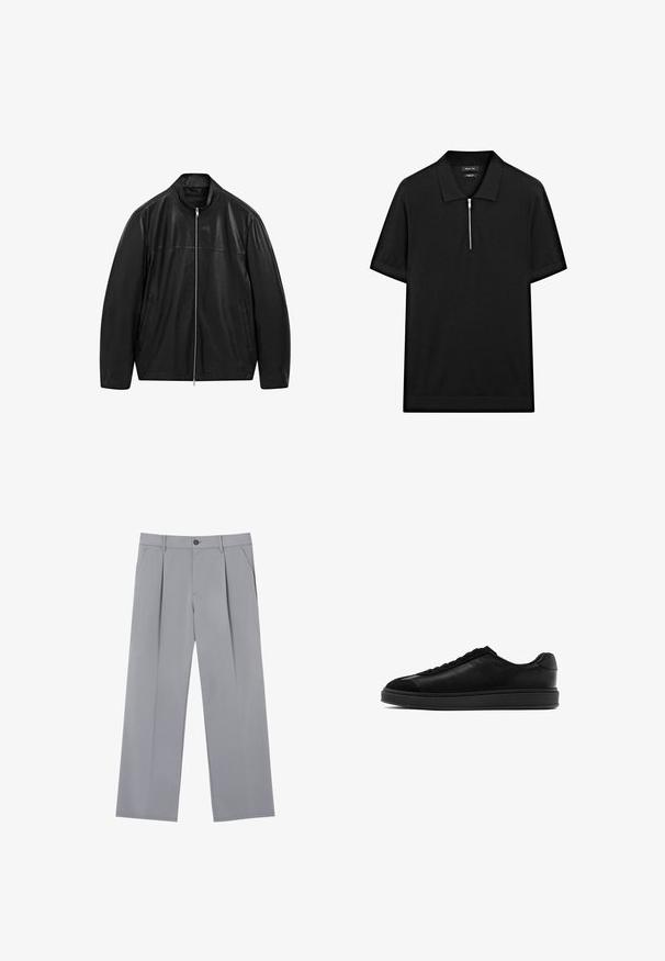 Zwarte leren jack met rits en staande kraag, voorzien van twee voorzakken, ontworpen met een combinatie van gladde en matte leren panelen.; Zwarte polo met korte mouwen, een staande kraag en een rits aan de voorkant. Gemaakt van een gladde stof met een schoon, minimalistisch ontwerp.; Grijze geplooide broeken met een ontspannen pasvorm, gemaakt van een lichte stof. Voorzien van voorzakken en een knoopsluiting in de taille.; Zwarte leren sneakers met een gladde afwerking, ronde neus, vetersluiting aan de voorkant en een contrasterende, gestructureerde tong. Dikke zwarte rubberen zool.