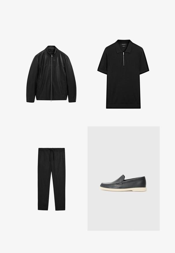 Zwarte leren jack met rits en staande kraag, voorzien van twee voorzakken, ontworpen met een combinatie van gladde en matte leren panelen.; Zwarte polo met korte mouwen, een staande kraag en een rits aan de voorkant. Gemaakt van een gladde stof met een schoon, minimalistisch ontwerp.; Massimo Dutti JOGGER FIT - Broek - black; Zwarte leren instappers met een gestructureerde afwerking en een contrasterende beige rubberen zool. Beschikt over een subtiele accent langs de voorkant.