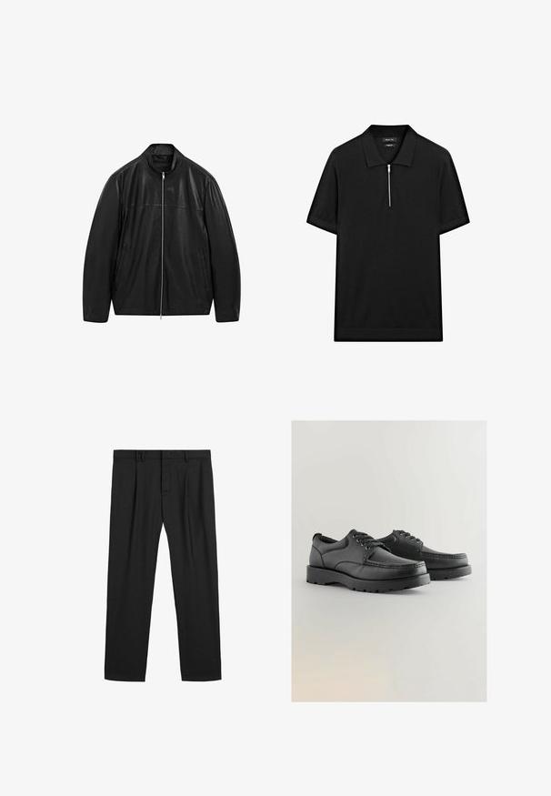 Giacca in pelle nera con zip e colletto alto, progettata con pannelli di pelle liscia e opaca e dotata di due tasche frontali laterali.; Polo shirt nero a maniche corte con colletto rialzato e zip frontale. Realizzato in un tessuto liscio con un design pulito e minimalista.; Pantaloni neri plissettati realizzati in un tessuto liscio, con una vita tradizionale e un design a gamba dritta. Nessun motivo visibile o elementi in metallo.; Scarpe in pelle nera con tomaia texturizzata, punta tonda, design con lacci e suole spesse in gomma con un motivo di battistrada.