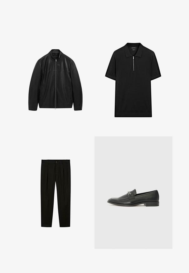 Svart läderjacka med dragkedja och ståkrage samt två sidofickor framtill, designad med släta och matta läderpaneler.; Svart kortärmad pikétröja med ståkrage och frontdragkedja. Tillverkad av ett mjukt tyg med en ren, minimalistisk design.; Svarta skräddarsydda byxor i ett mjukt tyg. Funktioner inkluderar slät framdel, vida ben och en knappstängning i midjan.; Svart läderloafers med en slät yta, med en sydd design och en dekorativ metallkedjeaccent över västen. Platt häldesign.