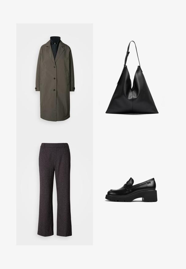 Dark olive green trench coat with a notched collar, five front buttons, and two side pockets. Textured fabric, mid-length design.; Ribbed knit long-sleeve top in off-white with a high collar and slim fit. Features vertical texture and a cropped hem.; Mos Mosh SVALA - Trousers - black; Black leather chunky-heeled loafer with thick sole and a strap detail across the top, shown from the side on a white background.; Black leather triangular handbag with a single adjustable shoulder strap and a soft, slightly slouched structure.