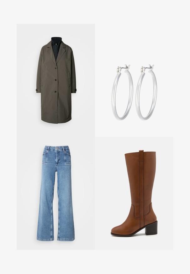 Tamsiai alyvuogių žalios spalvos paltas su įpjovimu apykakle, penkiomis priekinėmis sagomis ir dviem šoninėmis kišenėmis. tekstūruota medžiaga, vidutinio ilgio dizainas.; Balta silkine megztinė su aukštu kaklu, pagaminta iš minkšto megztinio audinio. Yra ilgomis rankovėmis, prigludusios silueto ir aukštu, suktiniu kaklu.; Šviesiai mėlynos plačios kojų džinsai, pagaminti iš denimo, su aukštu liemeniu, penkiais kišenėmis ir siuvinėjimais palei šonus bei apatinę kraštą.; Rudos odinės iki kelių botai su apvaliu pirštu, šoninėmis siūlėmis ir bloko kulnu. Savybės - gale esanti kilpa, skirta patogiam užsidėjimui.; Sidabriniai auskarai su sklandžiu, poliruotu paviršiumi. Apvalios formos ir saugus uždarymo mechanizmas. Lengvas dizainas, tinkantis kasdieniam dėvėjimui.