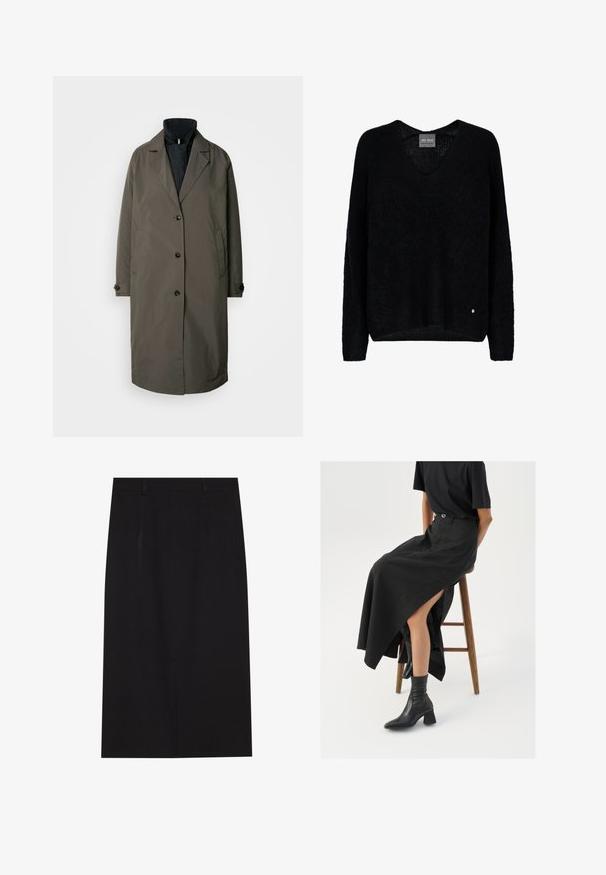 Tumši olīvu zaļš puspūšļa mētējs ar izgrieztu apkakli, pieciem priekšējiem pogām un divām sānu kabatām. Strukturēta auduma, vidēja garuma dizains.; Melnā dzija adīta džemperī ar V veida kaklu un garām piedurknēm. Iezīmē relaksētu piegriezumu un nelielu metālisku logotipu akcentu apakšējā kreisajā stūrī.; Melna ceļgalu garuma zīmulis svārki, izgatavoti no gludas auduma. Iespējas ietver vienkāršu dizainu ar divām priekšējām šuvēm un slēptu rāvējslēdzēju aizmugurē.; Melna lina maxi svārki ar augstu šķēlumu, valkāti ar melnu T-kreklu un melniem potīšu zābakiem. Minimālistisks dizains ar brīvu piegriezumu.