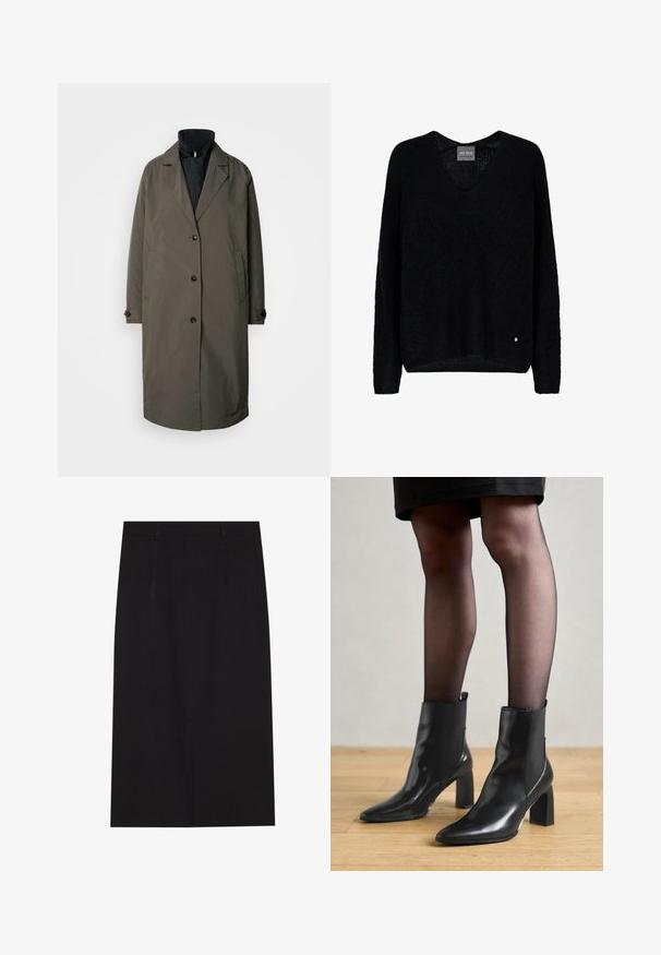 Palton de culoare verde măsliniu închis, cu guler înclinat, cinci butoane frontale și două buzunare laterale. Material texturat, design de lungime medie.; Pulover negru tricotat, cu decolteu în V și mâneci lungi. Are un croi lejer și un mic accent metalic pe partea stângă, jos.; Fustă creion neagră, până la genunchi, realizată dintr-un material neted. Prezintă un design simplu cu două cusături frontale și un fermoar ascuns în spate.; Botine negre din piele, cu vârful ascuțit, toc pătrat masiv și un design elegant. Au panouri laterale elastice pentru o îmbrăcare ușoară.