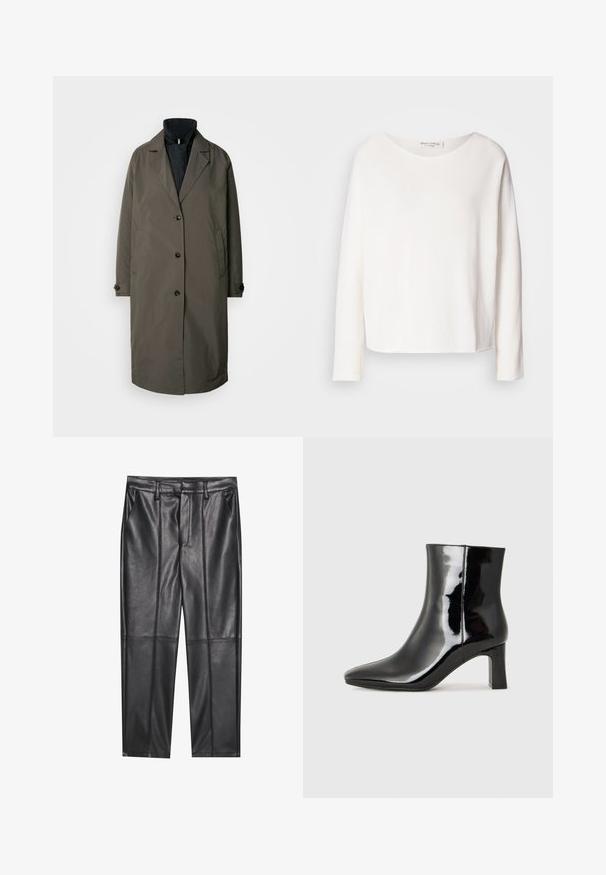 Tmavě olivově zelený trenčkot s vykrojeným límcem, pěti předními knoflíky a dvěma bočními kapsami. Texturovaná tkanina, středně dlouhý design.; Dlouhý rukáv, kulatý výstřih, top z jemné, lehké bílé látky s volným střihem. Obsahuje čistý lem a žádné viditelné kovové prvky.; Černé kožené kalhoty s hladkou texturou, se střihovým provedením rovného střihu, dvěma předními kapsami a viditelnými švy.; Černé lakované kotníkové boty s špičatou špičkou a středně vysokým blokovým podpatkem. Hladká textura a minimalistický design.