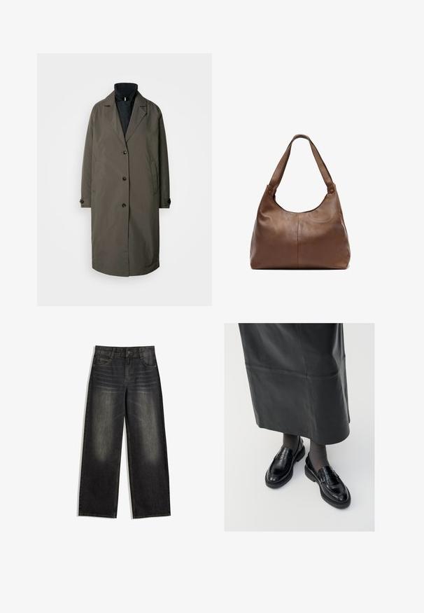 Dark olive green trench coat with a notched collar, five front buttons, and two side pockets. Textured fabric, mid-length design.; Smocked blouse featuring a checkered pattern in black, white, and beige. Ruffled neckline and cuffs, long sleeves, cropped fit.; Wide-leg black denim jeans with faded texture, five-pocket design, and contrasting stitching. Features button closure and belt loops.; Black leather loafers with a smooth finish, featuring a decorative strap, round toe, and textured sole. Worn with a long black leather skirt.; Brown leather handbag with a soft, rounded shape. Features a single, sturdy strap and subtle stitching details. Smooth texture.