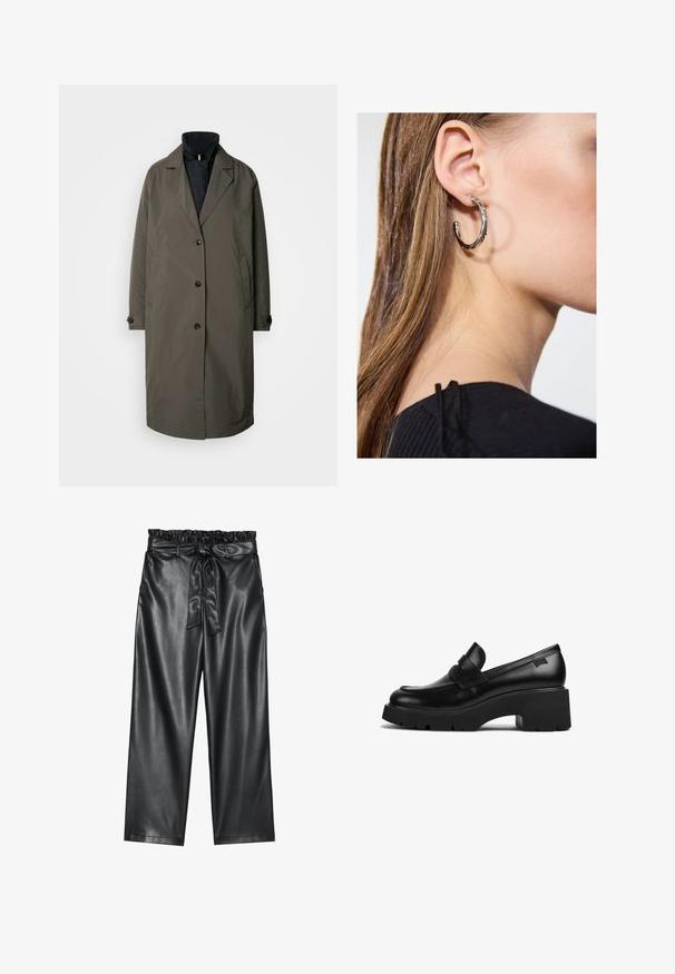 Dark olive green trench coat with a notched collar, five front buttons, and two side pockets. Textured fabric, mid-length design.; White long-sleeve blouse with a classic collar, front button closure, and gathered side detail. Smooth fabric with a tailored shape.; Black faux leather wide-leg pants with an elasticated, ruffled waistband, and a detachable tie belt. Smooth texture and minimal sheen.; Black leather chunky-heeled loafer with thick sole and a strap detail across the top, shown from the side on a white background.; Silver hoop earring with a polished finish, featuring small gold accent details and a round shape, worn on the lobe.