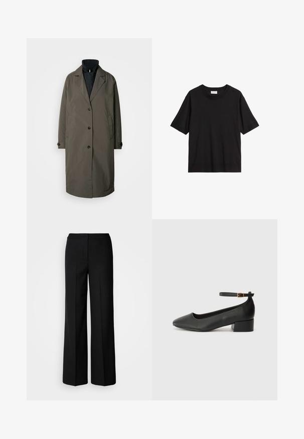 Donkergroene trenchcoat met een gekarteld kraag, vijf knopen aan de voorkant en twee zijzakken. Gelaagd stof, middellange snit.; Zwarte T-shirt met korte mouwen en een klassiek ronde hals ontwerp, gemaakt van een zachte stof, met een relaxte pasvorm en minimalistische styling.; Zwarte wijde broek van een gladde stof, met een hoge taille, nauwkeurig gestikte naden en een minimalistisch ontwerp. Geen zichtbare hardware of zakken.; Zwarte leren pump met een spitse neus en een lage blokhak. Beschikt over een enkelband met een goudkleurige gespsluiting. Gladde textuur.