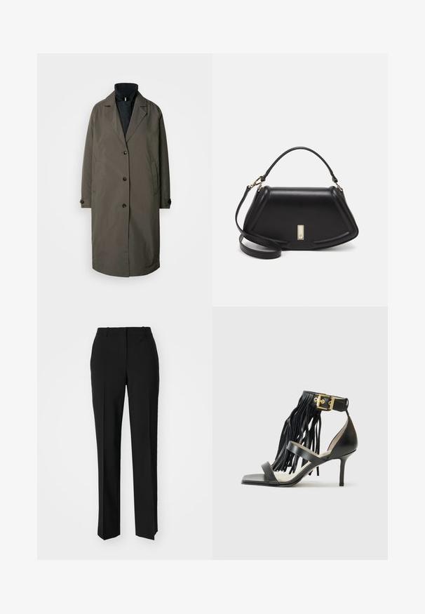 Tmavoozelený trenčkot s klopovým golierom, piatimi prednými gombíkmi a dvoma bočnými vreckami. Textúrovaná tkanina, stredne dlhý dizajn.; Čierna blúzka s krátkym rukávom a výstrihom do V, ktorá má riasené detaily na pleciach a diskrétny logo akcent na spodnom leme. Hladká textúra.; Čierne krajčírské nohavice so strihom rovného nohu, s hladkou textúrou a ostrými skladmi pozdĺž prednej časti. Žiadne viditeľné hardvér.; Čierne sandále na vysokom podpätku s strapcami, členkový remienok so zlatým kovovým detailom, plochý štvorcový prst a dva krížiace sa remienky na priehlavku.; Čierna kožená kabelka so štruktúrovaným dizajnom, s krátkym tvarom, hornou rúčkou a zlatými prvkami. Súčasťou je nastaviteľný ramenný popruh.
