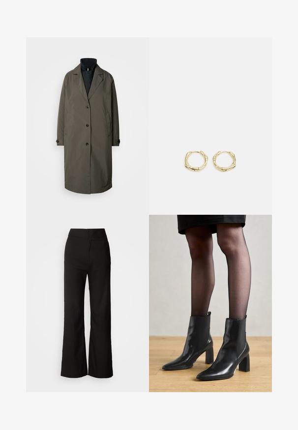 Trench coat verde oliva oscuro con cuello de muesca, cinco botones frontales y dos bolsillos laterales. Tela texturizada, diseño de longitud media.; Camiseta de manga larga con forma ajustada, hecha de algodón suave. Presenta rayas horizontales rosas y blancas y un escote amplio.; Pantalones de pierna ancha negros con una textura suave, cintura alta y un diseño limpio. Sin bolsillos visibles ni adornos.; Botines de cuero negro hasta el tobillo con punta afilada, tacón cuadrado grueso y diseño elegante. Presentan paneles laterales elásticos para facilitar el uso.; Pendientes de aro de oro con forma irregular y texturizada. Presentan un cierre sin costuras y un acabado pulido, destacando un diseño moderno.