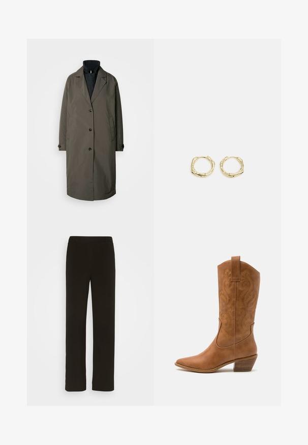 Dark olive green trench coat with a notched collar, five front buttons, and two side pockets. Textured fabric, mid-length design.; Black sleeveless turtleneck top, made from smooth fabric. Fitted design with a high neck and a straight hem, minimalistic and solid color.; Black, straight-leg trousers made of woven fabric, featuring a flat front, two side pockets, and a smooth texture. No visible patterns or accents.; Tan leather cowboy boot with pointed toe, embroidered swirl patterns on shaft, and a stacked block heel. Features a pull tab for easy wear.; Gold hoop earrings with a textured, irregular shape. Features a seamless closure and a polished surface finish, emphasizing a modern design.