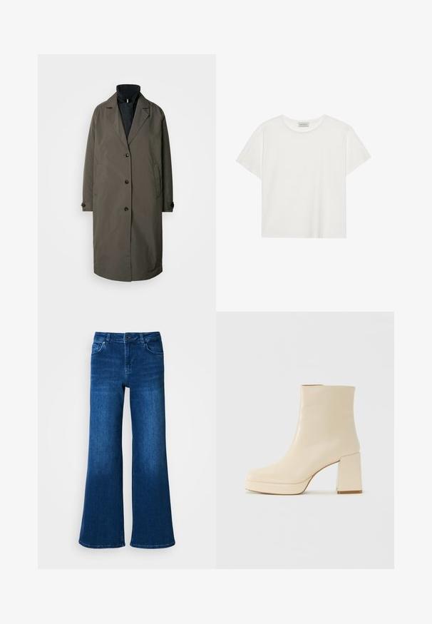 Dark olive green trench coat with a notched collar, five front buttons, and two side pockets. Textured fabric, mid-length design.; White short-sleeve T-shirt made of soft cotton. Features a round neckline and relaxed fit. Clean design with no visible patterns or accents.; Blue denim wide-leg jeans with a high waist, features five pockets, button and zipper closure, and a smooth, even texture.; Beige leather ankle boot with block heel and platform sole, smooth finish, and slightly squared toe facing left on white background.
