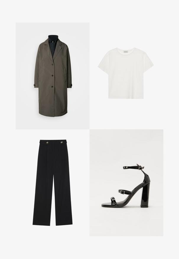 Dark olive green trench coat with a notched collar, five front buttons, and two side pockets. Textured fabric, mid-length design.; White short-sleeve T-shirt made of soft cotton. Features a round neckline and relaxed fit. Clean design with no visible patterns or accents.; Black wide-leg trousers with high waist, button details on waistband, and front pleats.; Black patent high-heeled sandals with two buckle straps, square toe, and a chunky block heel, featuring a smooth, glossy texture.