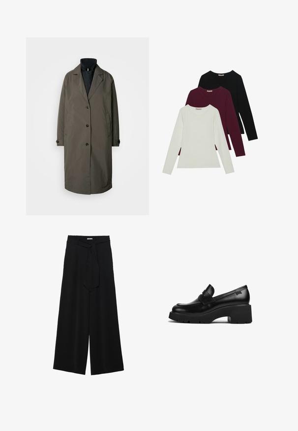 Tamno maslinasto zelena trench kaput s okovratnikom, pet prednjih dugmadi i dva bočna džepa. Teksturirana tkanina, dužina do polu.; Majice s dugim rukavima u bijeloj, burgundijskoj i crnoj boji. Izrađene od mekog materijala, s okruglim izrezom i prilagođenim krojem. Pogodne za slojevito odijevanje.; Crne široke hlače od teksturirane tkanine, s elastičnom pojasom i odvojivim remenom na struku za prilagodivo pristajanje.; Crna kožna loaferica s debelim potplatom i chunky petom, s trakom preko gornjeg dijela, prikazana sa strane na bijeloj pozadini.