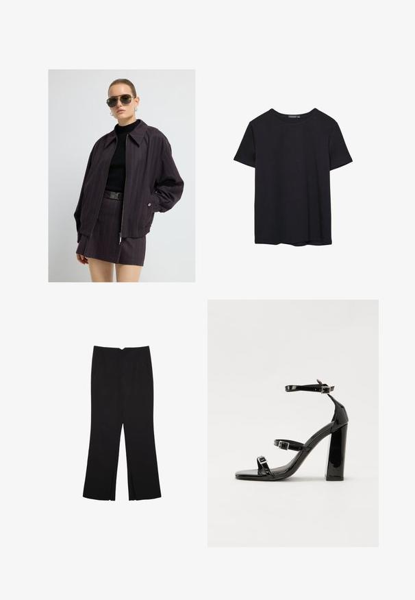 Veste bomber oversize noir rayée de violet foncé avec fermeture éclair à l'avant, assortie à un haut noir ajusté à côtes et une jupe assortie.; T-shirt en coton noir à manches courtes, col rond, présenté sur un fond blanc.; Pantalon noir avec une coupe droite, doté de poches avant et d'éclairs sur l'ourlet. Fabriqué en tissu doux et lisse. Convient à diverses occasions.; Sandales à talons vernies noires avec un bout carré, des sangles autour de la cheville et des boucles en argent. Dotées d'un talon bloc épais pour plus de stabilité.