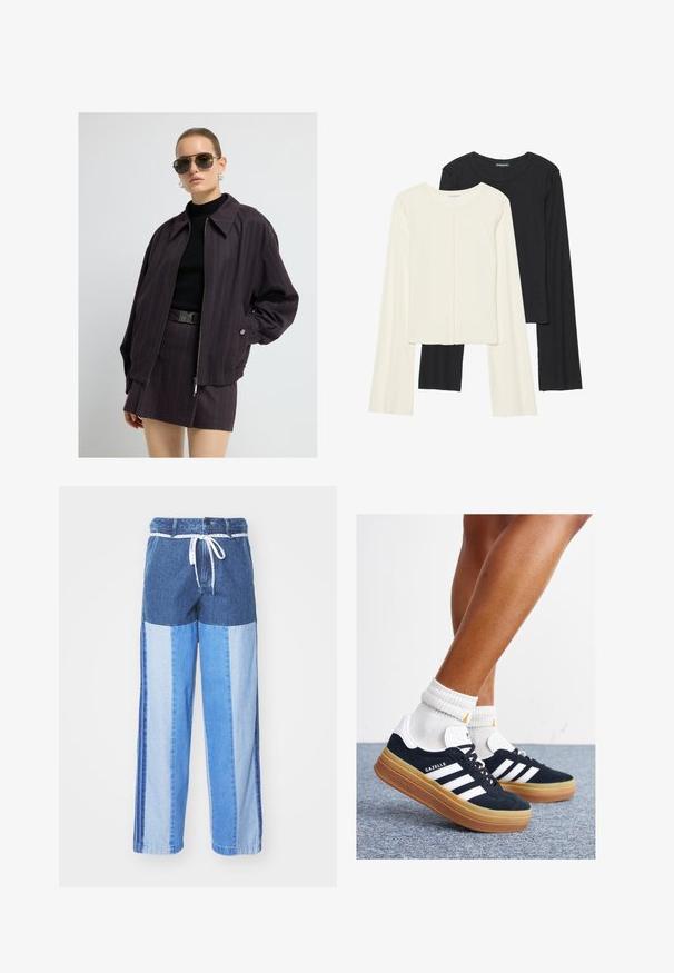Giacca bomber sovradimensionata a righe verticali viola scuro con zip frontale, abbinata a un top aderente nero a coste e una gonna coordinata.; Set di due maglie a maniche lunghe, bianche e nere. Texture a coste, scollo tondo, design aderente con maniche leggermente svasate.; Pantaloni in denim blu con un design a patchwork in diverse sfumature di blu, vita con cordoncino e gambe ampie e dritte.; Sneakers in pelle scamosciata nera con strisce e dettagli bianchi, punta arrotondata, suola in gomma color gomme, abbinate a calzini bianchi a coste alla caviglia.