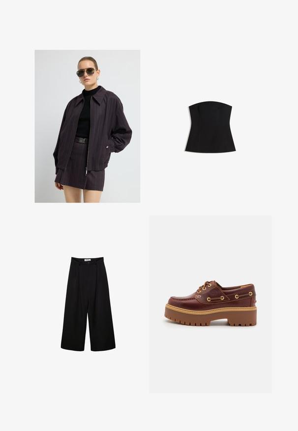 Oversized, dark purple pinstriped bomber jacket with a front zipper, paired with a fitted black ribbed top and matching skirt.; Black strapless top with a fitted silhouette, smooth texture, and a wide neckline. Features darts for shaping and a clean, minimalistic design.; Black wide-leg trousers with a high waist, pleated front, and button closure. Made from smooth fabric with a tailored design.; Brown leather boat shoe with a chunky brown rubber sole, gold eyelets, and contrast stitching. Features a logo on the side.