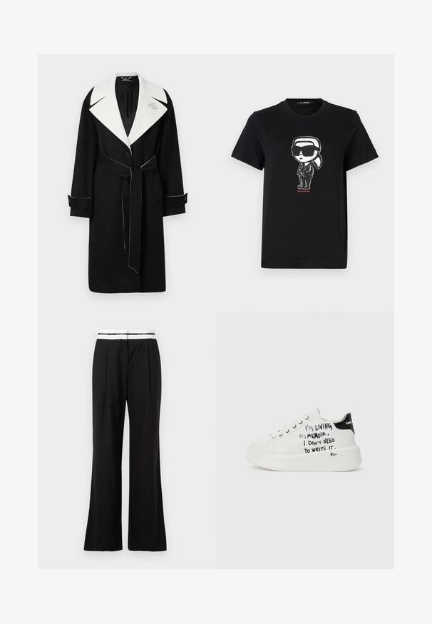 Svart ullkappa med en vit bred krage, midjebälte, framknappar och kontrasterande vit sömnad på ärmar och fåll.; Svart bomullströja med ett grafiskt motiv av en figur i solglasögon och kostym. Enkel design med rund hals och kort ärm. Röd text nedanför.; Svarta byxor med avslappnad passform, med en vit elastisk midja med varumärkeslogga. Tillverkade av ett mjukt tyg med en lätt lyster.; Vita plattformssneakers med svarta accenter, med en texturerad sula och handskriven text på sidorna. Slät lädermaterial.