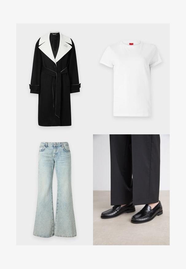 Schwarzer Wollmantel mit breit weißem Kragen, tailliertem Gürtel, vorderen Knöpfen und kontrastierendem weißen Nähten an den Manschetten und dem Saum.; Weißes Kurzarm-T-Shirt aus leichtem Baumwollstoff. Hat einen runden Halsausschnitt und umgeschlagene Ärmel. Rotes Logo-Tag am Kragen.; Hellblaue Schlagjeans aus Denim, mit hoher Taille, Taschen und ausgefransten Säumen. Der Stoff hat eine verblasste Waschung und eine subtile Textur.; Schwarze Lederloafers mit glatter Oberfläche, genähten Details um die Zehen und einer niedrigen Gummisohle. Kombiniert mit weiten schwarzen Hosen.
