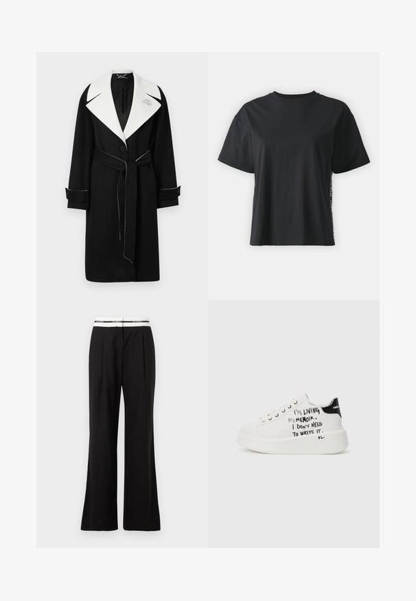 Must õhuke villane mantel mustas värvuses, millel on valge lai krae, vöökoht, ees nupud ja kontrastsed valged õmblused varrukatel ja alumisel äärel.; Must have lühikeste varrukatega puuvillane must T-särk, millel on lõdvestunud lõige ja kontrastne külgpanel, mis sisaldab väikest teksti ja kujunduselemente.; Mustad püksid, millel on mugav lõige, valge elastse vöökohtaga, millel on kaubamärgi logo. Valmistatud siledast kangast, millel on kerge läige.; Valged platvorminike mustade aktsentidega, tekstureeritud tallaga ja käsitsi kirjutatud tekstiga külgedel. Sujuv nahk.