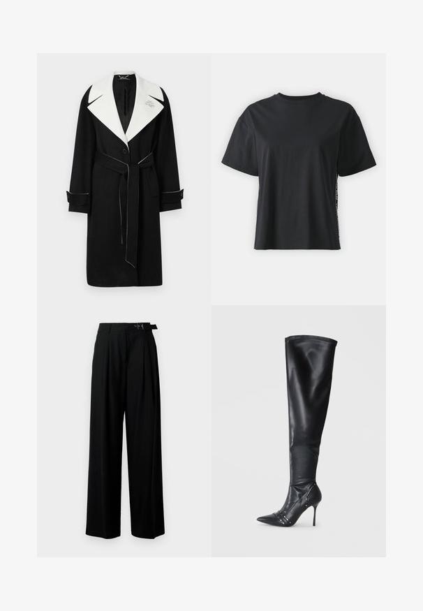 Černý vlněný kabát s širokým bílým límcem, opaskem v pase, předními knoflíky a kontrastním bílým prošitím na manžetách a lemu.; Černé triko s krátkým rukávem, vyrobené z bavlny, s volným střihem a kontrastním bočním panelem, který obsahuje malý text a designové detaily.; Černé široké kalhoty s vysokým pasem, záhyby vpředu a páskem s přezkou. Vyrobené z hladké, lehké tkaniny.; Černá kožená vysoká bota po kolena s špičatou špičkou, stiletto podpatkem a dekorativními cvoky po stranách. Hladká textura a elegantní design.