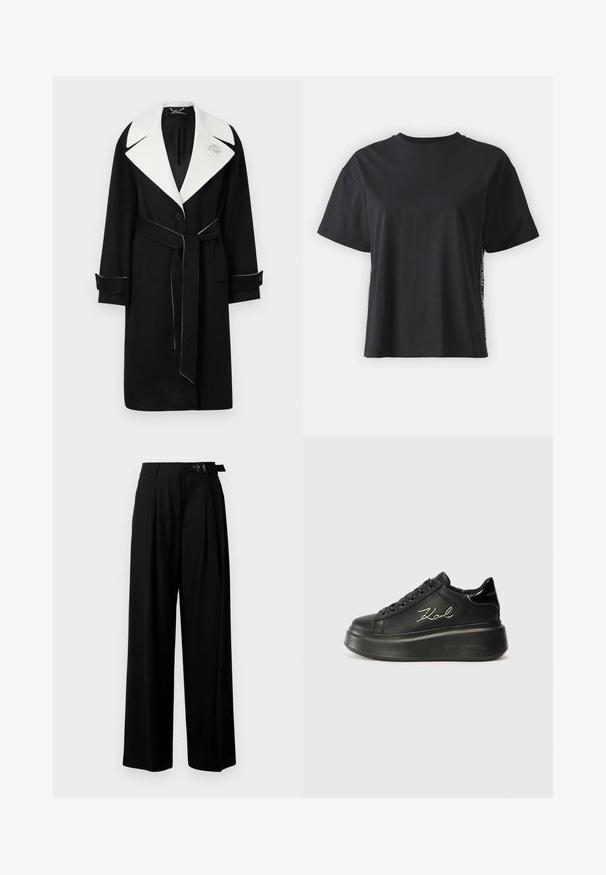 Crni vuneni kaput s bijelim širokim ovratnikom, pojasom u struku, prednjim gumbima i kontrastnim bijelim šavovima na manžetama i rubu.; Crna pamučna majica kratkih rukava s opuštenim krojem i kontrastnim bočnim panelom koji sadrži sitan tekst i detalje dizajna.; Crne široke hlače s visokim strukom, nabranima sprijeda i remenom s kopčom. Izrađene od glatkog, laganog materijala.; Crne platforme tenisice s glatkim kožnim gornjim dijelom, ravnim vezicama i vezom "Karl" na strani. Zaobljen prst i debela potplat.