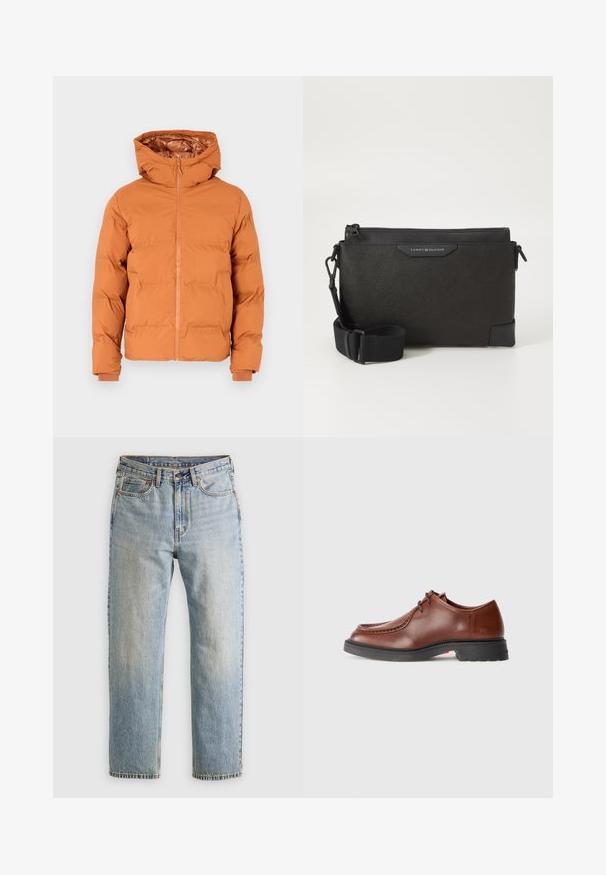 Kohvatu oranž puffer-jakk, millel on kapuuts, eesmine lukku ja elastsed mansetid. Sujuv välimus ja tikanditud disain, mis tagab soojustamise.; Burgundia pikkade varrukatega särk, mis on valmistatud puuvillast, varustatud nööbiga kaelusega, esise nööbistamisega ja väikese logoga rinnal.; Heledad hele sinine teksapükste kõrge vöökoht, ees nupuga, lukuga ja viie taskuga disain, asetatud tasasele neutraalsele taustale.; Pruun nahkne ülikonksutav king, millel on ümar nina, kontrastne õmblus, kingapaela disain ja tekstureeritud must kummisool.; Must muströöl tikuga must nahk crossbody kott, millel on tekstuuriga viimistlus, lukuga sulgemine ja reguleeritav rihm. Ees on logo silt. Ristkülikukujuline.