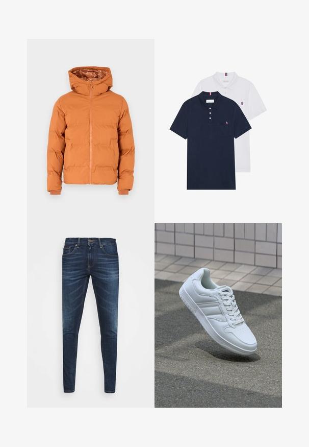 Pufjakas piededz sadegts apelsīnu krāsā, ar cepuri, priekšējo rāvējslēdzēju un elastīgām aprocēm. Gluda virsma un iešūtas šuves, nodrošinot siltumizolāciju.; Divas polo kreklu komplekts: viens tumši zils un viens balts, abi ar mazu sarkanu, baltu un zilu akcentu uz krūšu kabatas un apkakles.; Tumši zili džinsi ar šauru piegriezumu, ar vieglu izbalēšanu, piecām kabatām un metalizētu pogu aizdari. Šuvju akcenti kontrastējošā krāsā.; Balti sporta apavi ar gludu ādas virsu, sasienamais priekšpuse, perforēts purngals un rakstaina zole. Minimālisma dizains ar trim sānu svītrām.