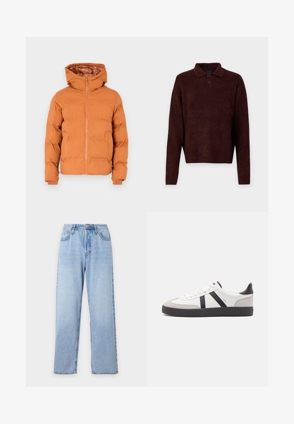 Pufferjack in een verbrande oranje kleur, met een capuchon, ritssluiting aan de voorkant en elastische manchetten. Glad exterieur en gestikte ontwerpen voor isolatie.; Bruin gebreid pullover met een polo kraag, drie knopen bij de hals en lange mouwen. Zachte textuur, geribde manchetten en zoom.; Lichtblauwe denim jeans met een rechte pasvorm, hoge taille, vijf zakken en sluiting met bovenste knoop. Kenmerkt zich door een vervaagde wassing en contrasterende stiksels.; Witte sneaker met zwarte en grijze accenten, voorzien van een grijze neus met textuur, zwarte rubberen zool en platte witte veters. Schoon ontwerp, minimalistische stijl.