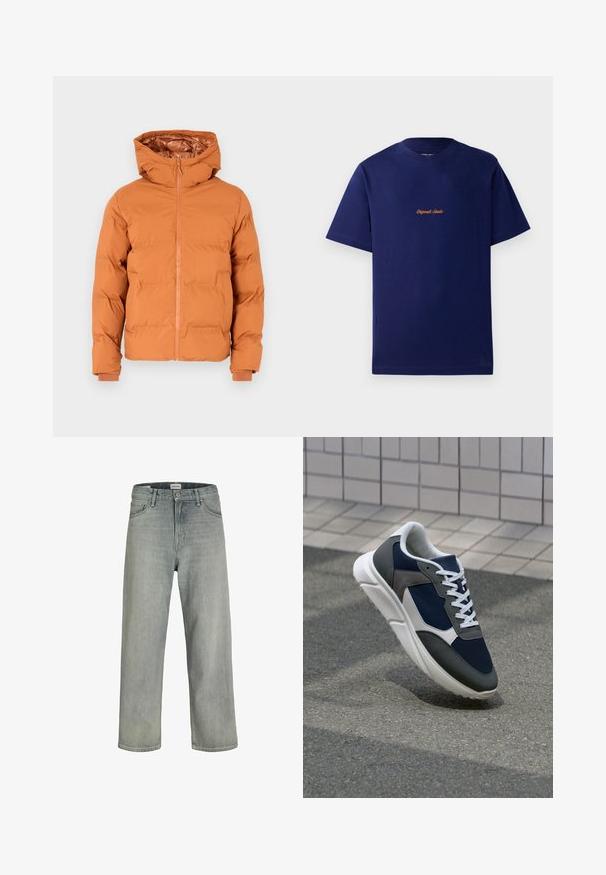 Puffer jacket in burnt orange color, featuring a hood, front zipper, and elastic cuffs. Smooth exterior and quilted design for insulation.; Navy blue cotton t-shirt with short sleeves. Features a small, orange embroidered logo at the chest. Classic crew neck design.; Light gray, loose-fitting jeans made of denim. Features a classic five-pocket design, belt loops, and a straight leg silhouette.; Sneaker featuring a navy blue mesh upper, gray suede accents, white rubber sole, and flat white laces, designed for comfort and breathability.