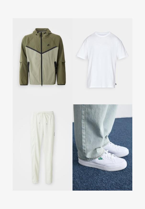 Moška Nike jakna v olivno zeleni in svetlo sivi barvi, s fermoarjem, kapuco in črnimi detajli. Narejena je iz lahkega, teksturiranega materiala.; Bela bomba iz bombaža s kratkimi rokavi in okroglo ovratnikom. Ima majhen, diskreten Nike logotip na prsih in stranski etiket.; Beli ožji jogger hlače s prilagodljivim pasom in vrvico, z bočnimi šivi in majhnim črnim patcheom na desni nogi.; Bela usnjena športna obutev z zelenim Nike logotipom, okrogla konica, ravna podplat, v kombinaciji z svetlo modrimi kavbojkami, prikazana na modrem preprogu.