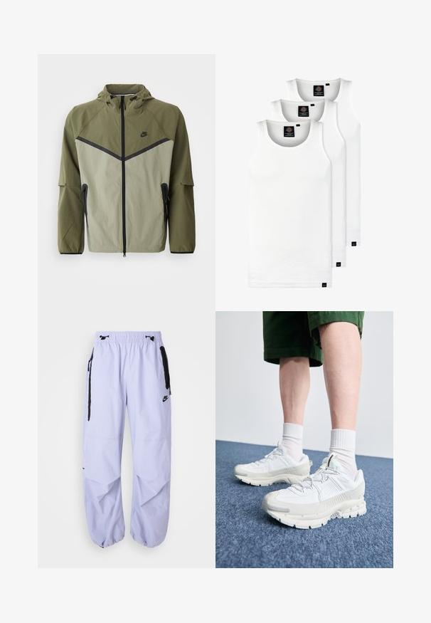 Men's Nike jacket in olive green and light gray, featuring a zip closure, hood, and black accents. Made of lightweight, textured fabric.; Three white ribbed tank tops made of cotton. Features a crew neck and small black labels near the hem. Available in multiple sizes.; Light lilac Nike pants featuring an elastic waistband, side zip pockets, and black accents. Fabric has a smooth texture with a loose fit.; White athletic shoes with textured overlays, a chunky sole, and gray accents. Worn with white crew socks and green shorts on a blue surface.