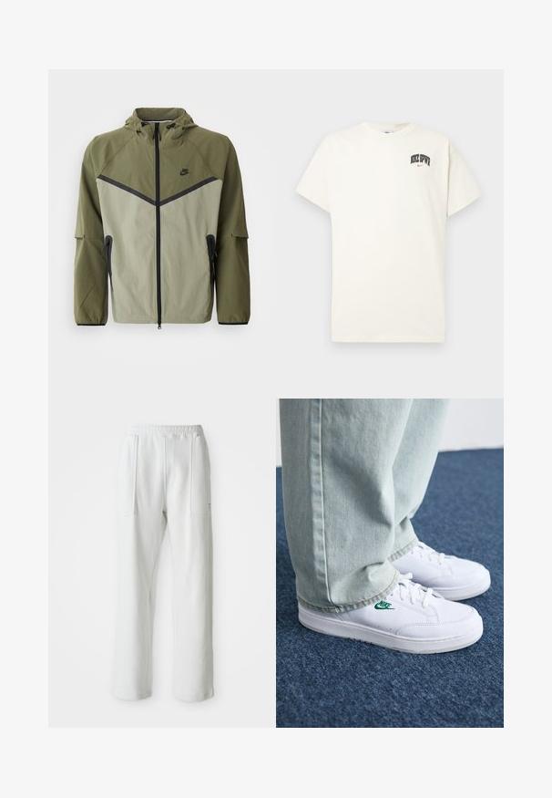 Moška Nike jakna v olivno zeleni in svetlo sivi barvi, s fermoarjem, kapuco in črnimi detajli. Narejena je iz lahkega, teksturiranega materiala.; Kremasta bombažna majica s kratkimi rokavi, z natisnjenim napisom "NIKE SB" v črni in rdeči barvi na prsih. Standardni okrogli izrez.; Bele udobne hlače z elastiko v pasu in velikima sprednjima žepoma, prikazane na enostavni svetli podlagi.; Bela usnjena športna obutev z zelenim Nike logotipom, okrogla konica, ravna podplat, v kombinaciji z svetlo modrimi kavbojkami, prikazana na modrem preprogu.